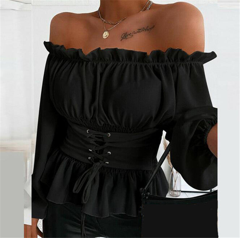 Women's Autumn Long-sleeved Off-shoulder Ruffled Shirt Blouses