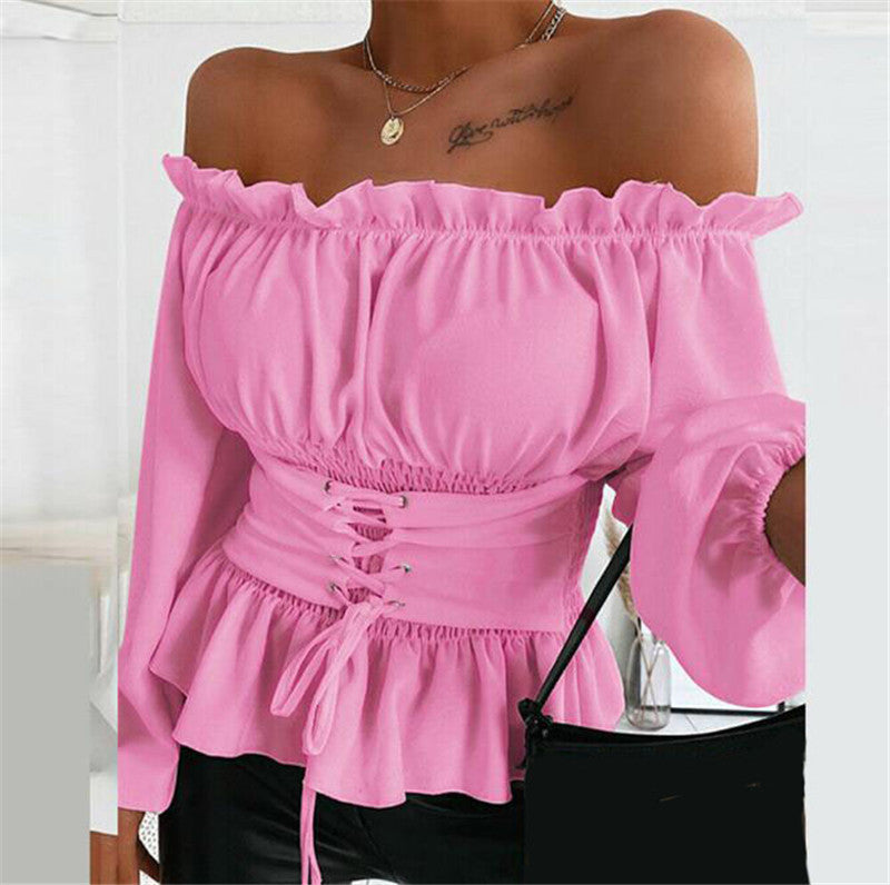 Women's Autumn Long-sleeved Off-shoulder Ruffled Shirt Blouses