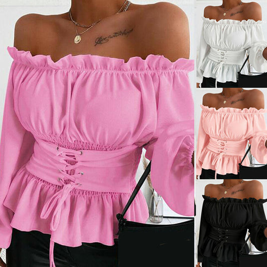 Women's Autumn Long-sleeved Off-shoulder Ruffled Shirt Blouses