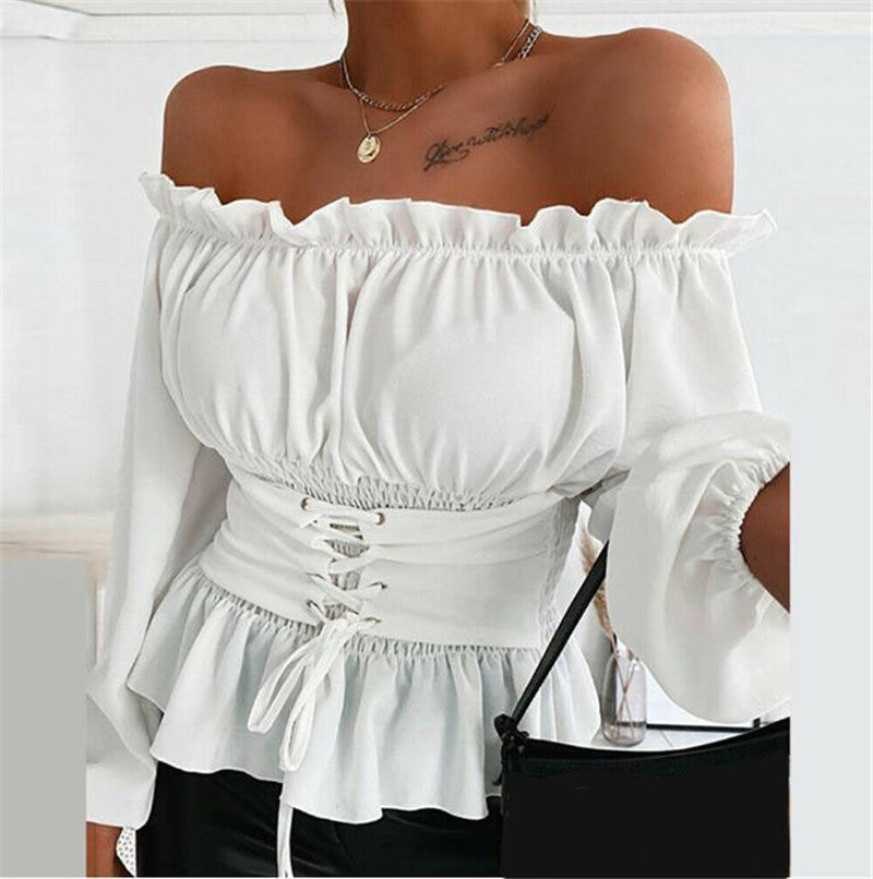 Women's Autumn Long-sleeved Off-shoulder Ruffled Shirt Blouses