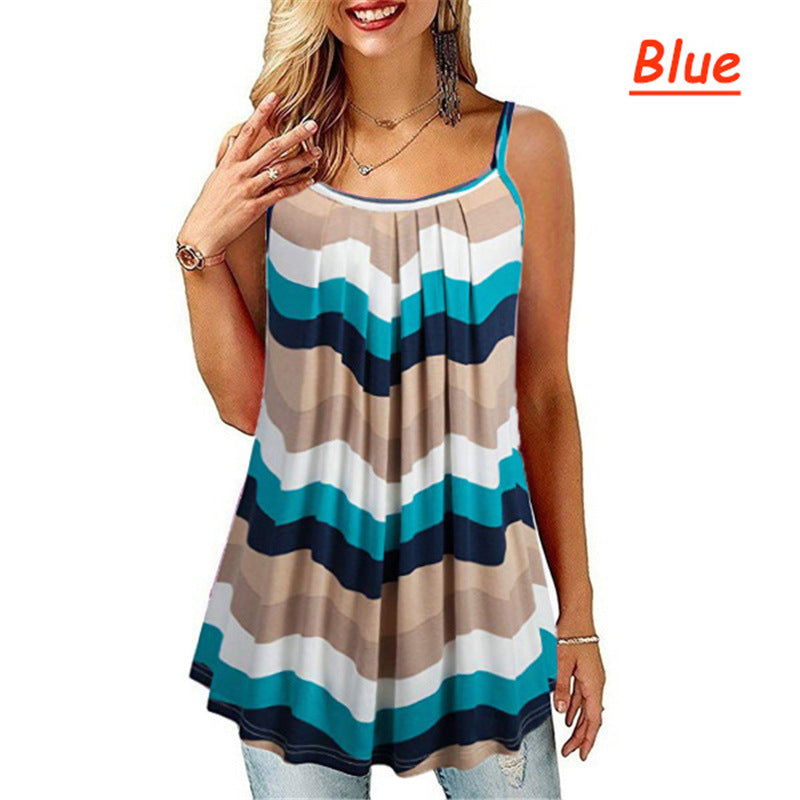 Women's Printing Pleated Wide Hem Loose Camisole Sling Tops