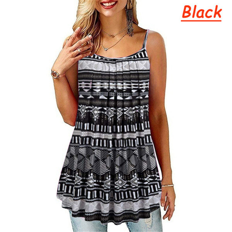 Women's Printing Pleated Wide Hem Loose Camisole Sling Tops