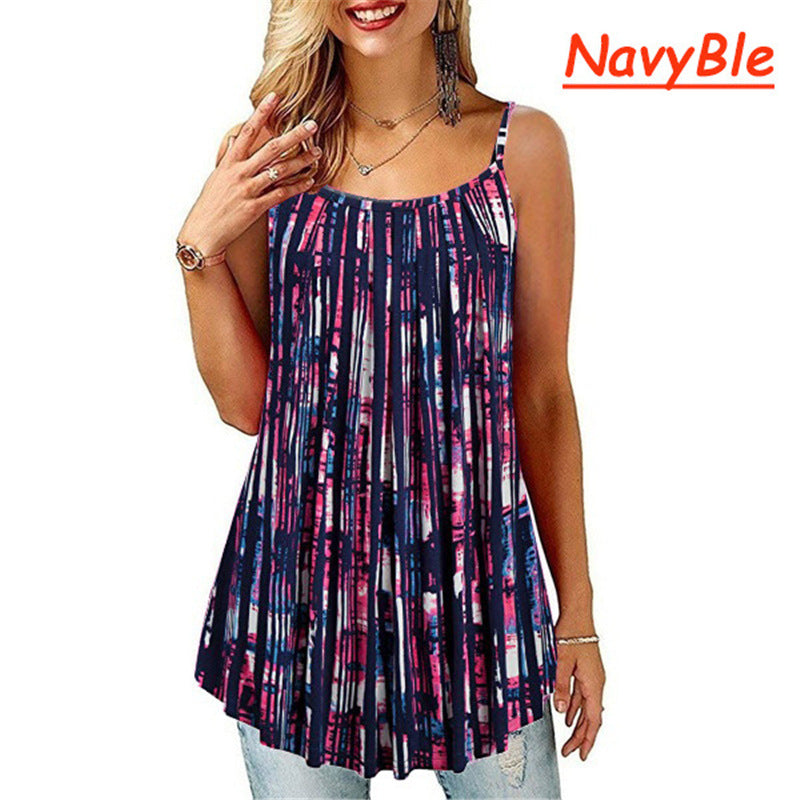 Women's Printing Pleated Wide Hem Loose Camisole Sling Tops