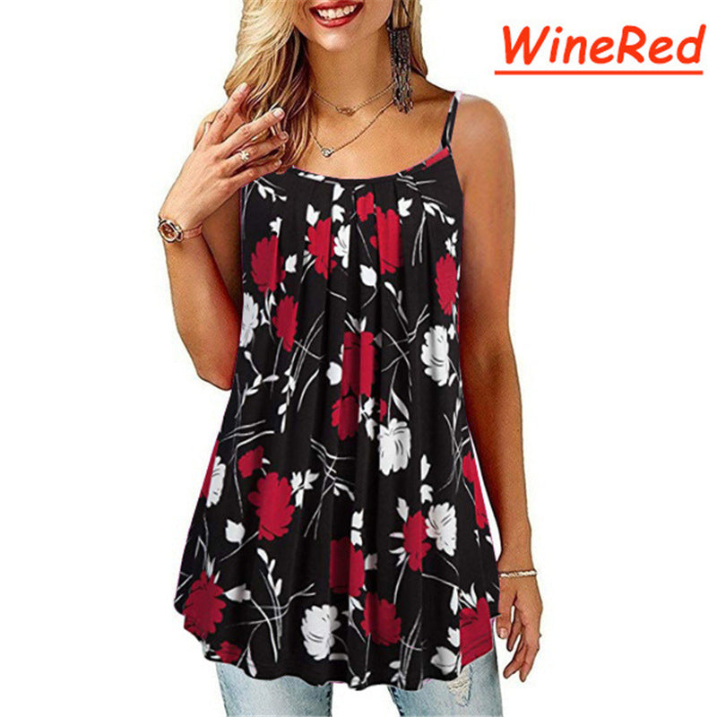 Women's Printing Pleated Wide Hem Loose Camisole Sling Tops