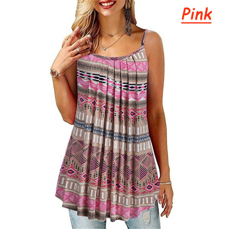 Women's Printing Pleated Wide Hem Loose Camisole Sling Tops