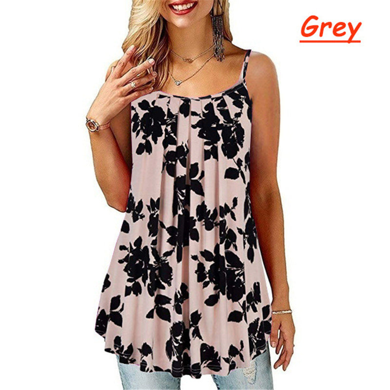 Women's Printing Pleated Wide Hem Loose Camisole Sling Tops