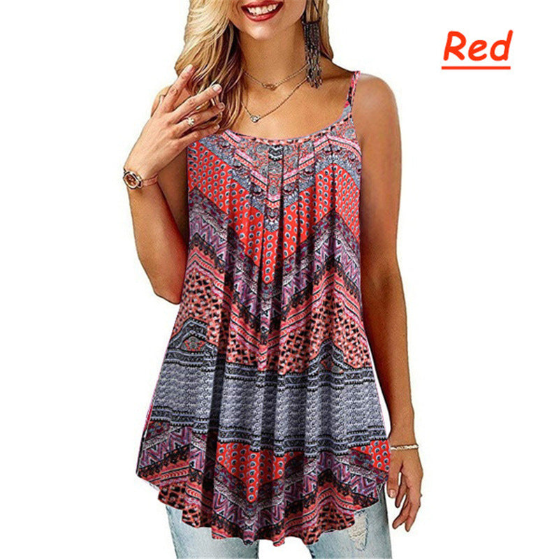 Women's Printing Pleated Wide Hem Loose Camisole Sling Tops