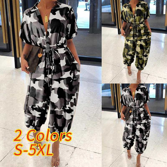 Women's Leopard Print Retro Short-sleeved Button Casual Pants