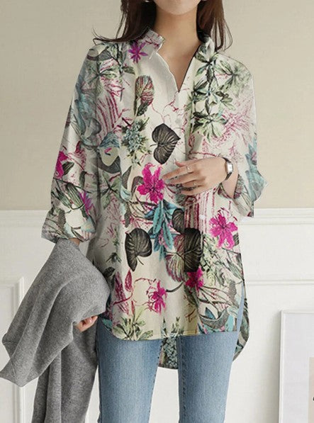 Long Sleeve Loose Large Linen Printed Blouses