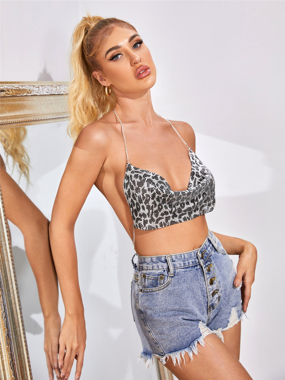 Nachtclub Metallkette Pailletten Sling Tube Tops