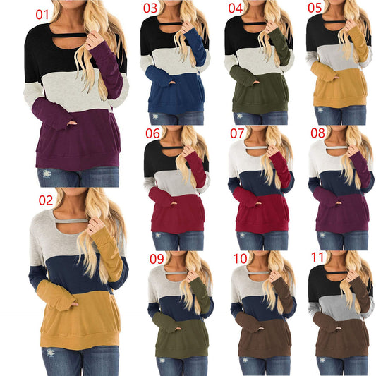 Women's Multicolor Hoodie Hollow-out Long Sleeve Round Neck Loose Tops