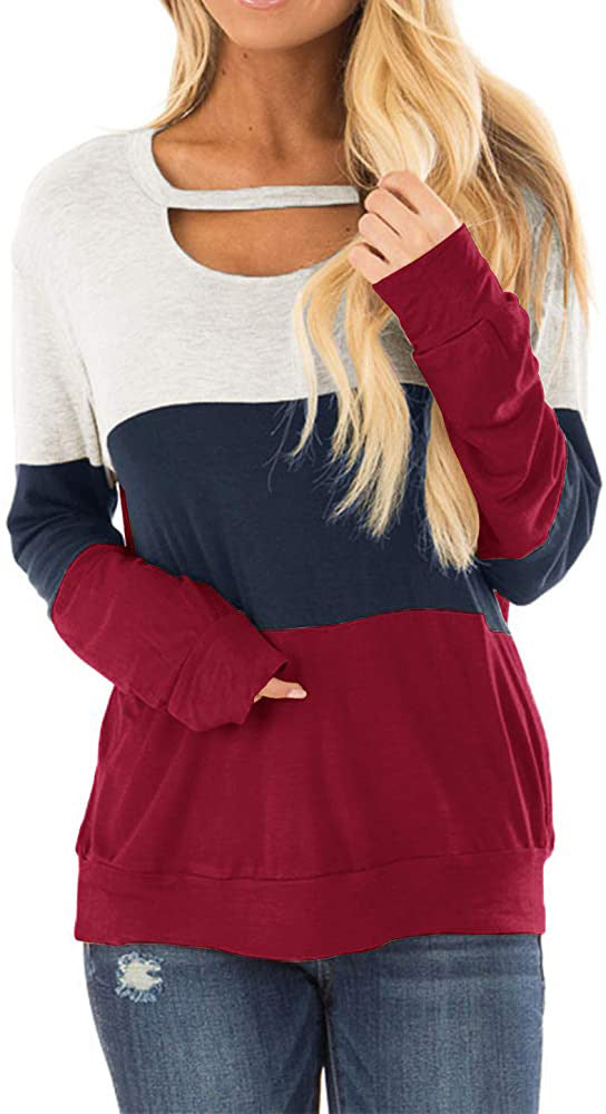 Women's Multicolor Hoodie Hollow-out Long Sleeve Round Neck Loose Tops