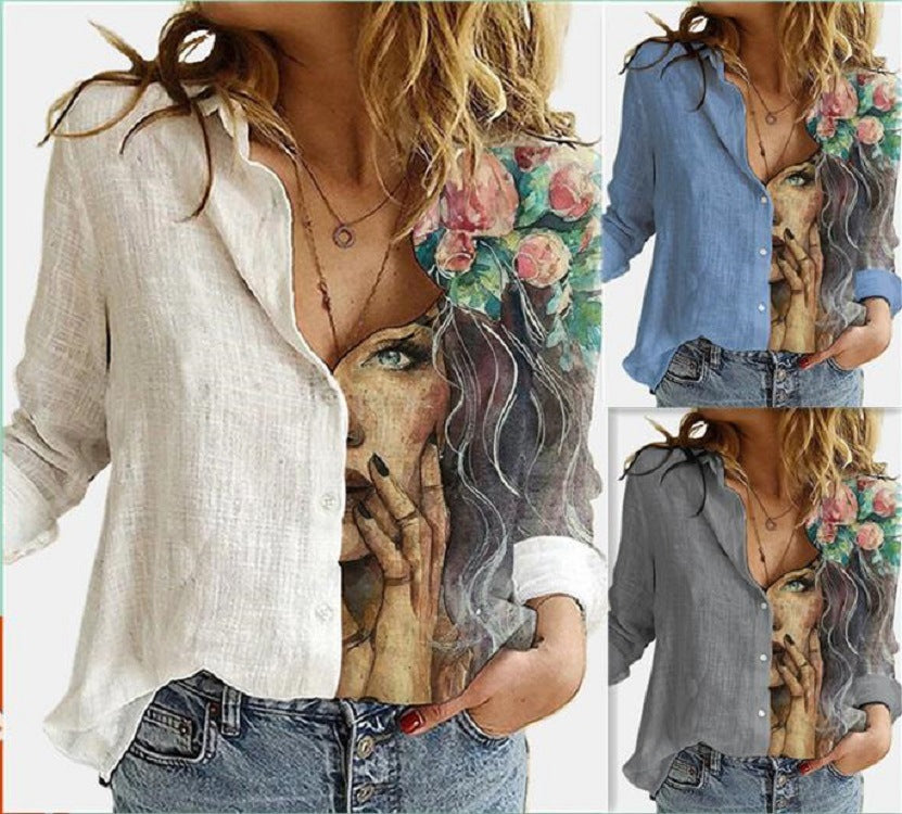 Women's Wear Loose Retro Digital Printing Long-sleeved Blouses