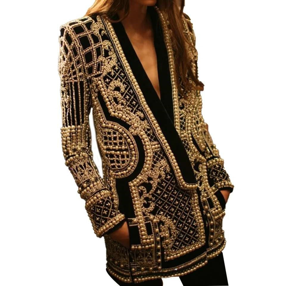 Women's V-neck Long-sleeved Thickened Bubble Beads Printed Blazers