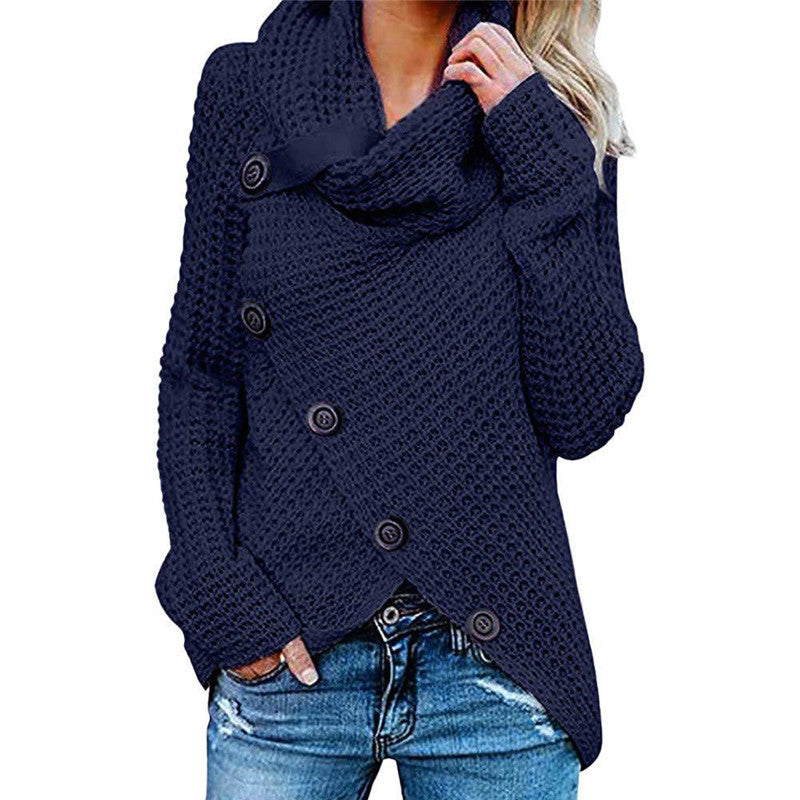 Women's Button Turtleneck Solid Color Long Sleeve Sweaters