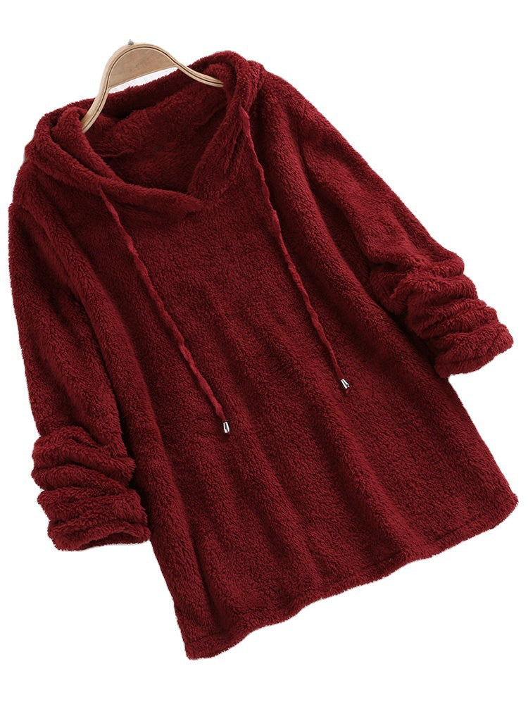 Women's Solid Color Long Sleeve Hooded Plush Double-sided Veet Fleece Sweaters