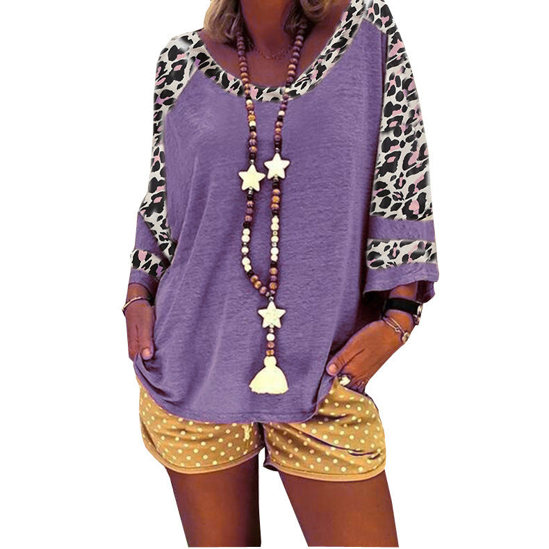 Women's Leopard Print Sleeve Stitching T-shirt Blouses