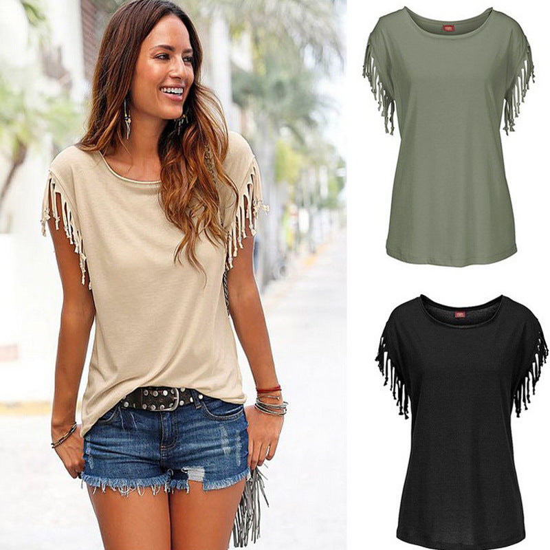 Women's Round Neck Sleeve Tassel Knotted T-shirt Shorts