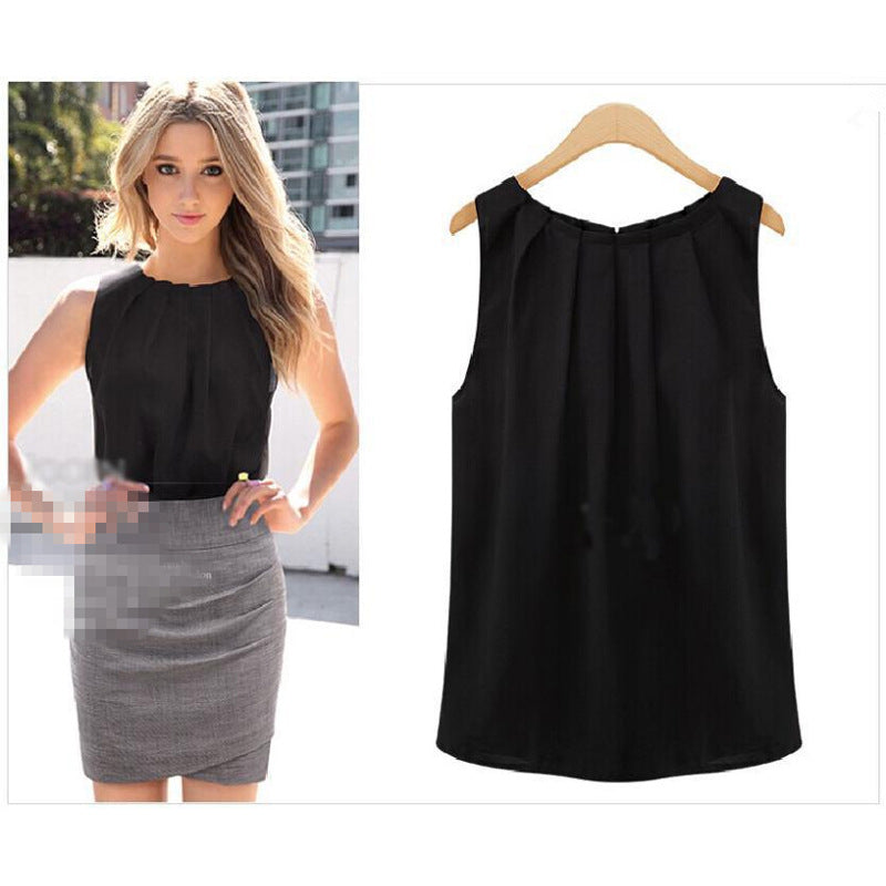 Elegance Sleeveless Round Neck Pullover Chiffon Shirt Blouses