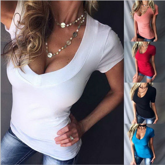 Women's Sexy Solid Color Deep V-neck Short-sleeved Blouses