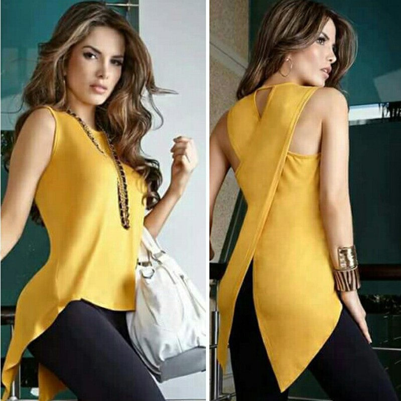 Women's Cross Slim Sexy Sleeveless Solid Color Round Blouses