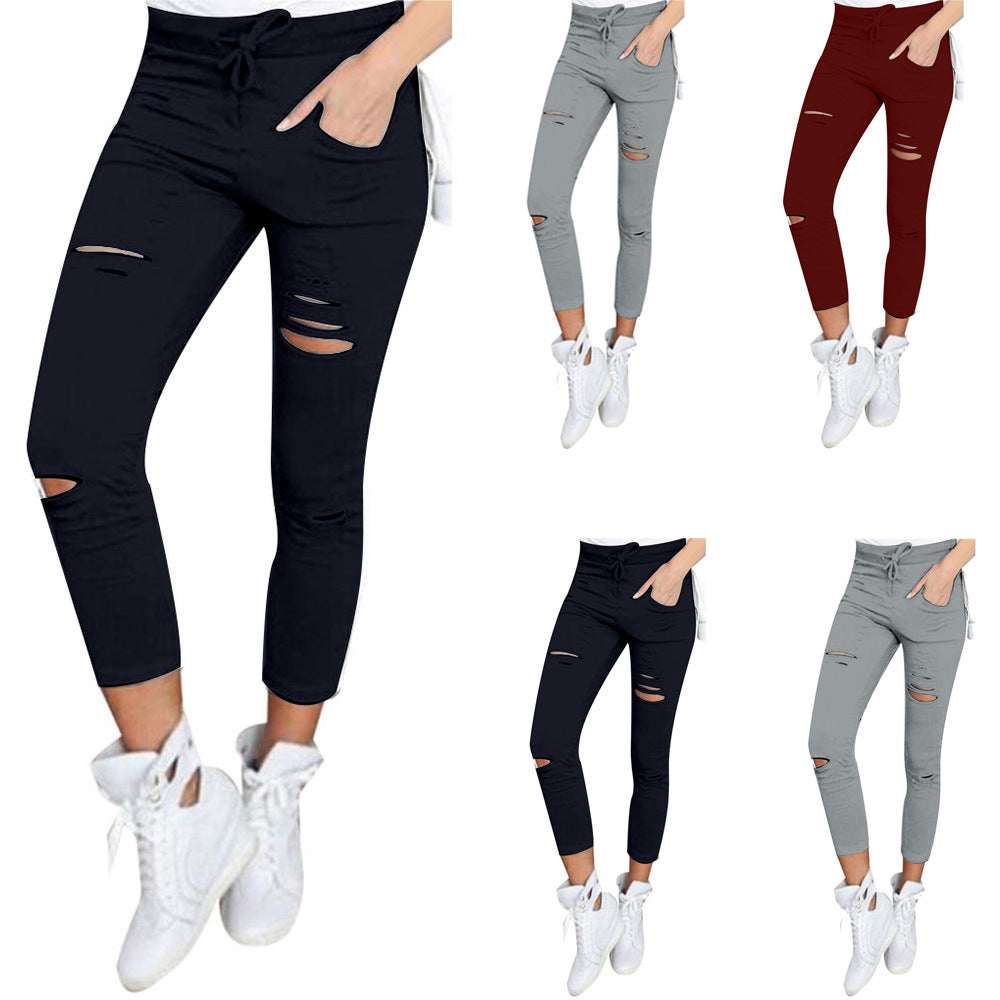 Popular Classic Women's Casual Pencil Ripped Pants