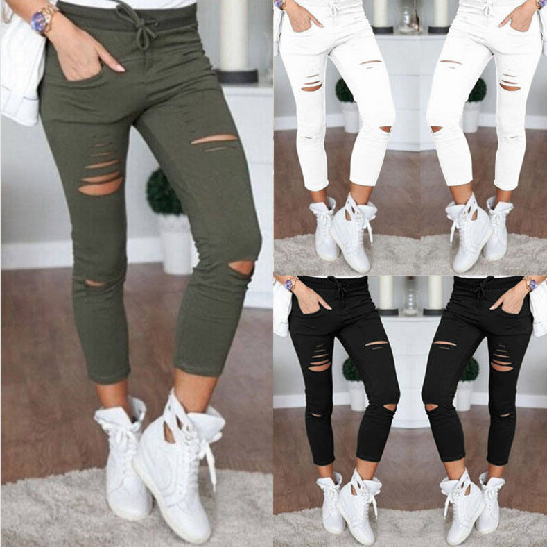 Popular Classic Women's Casual Pencil Ripped Pants