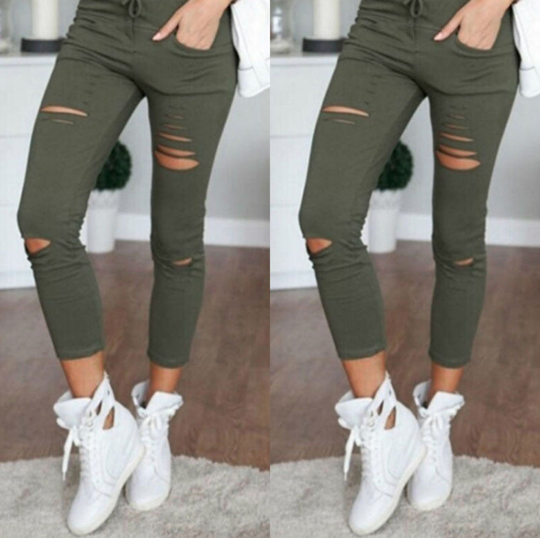 Popular Classic Women's Casual Pencil Ripped Pants