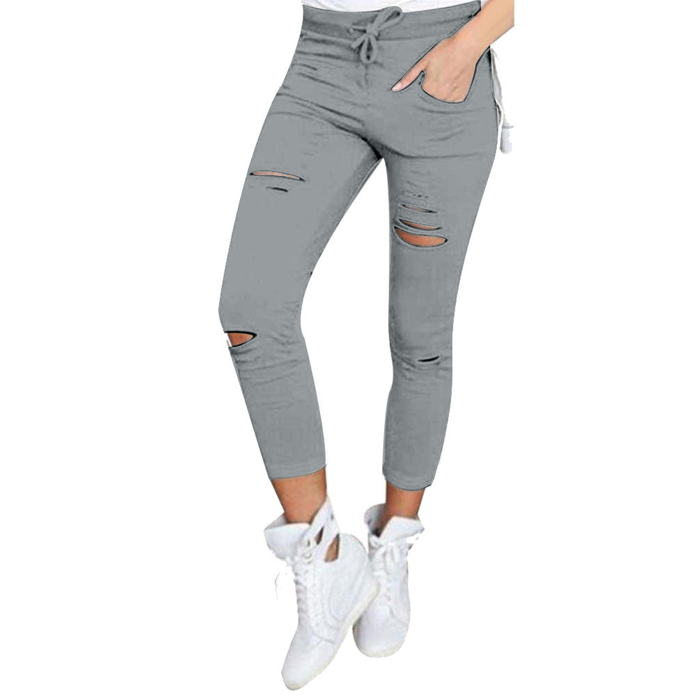 Popular Classic Women's Casual Pencil Ripped Pants