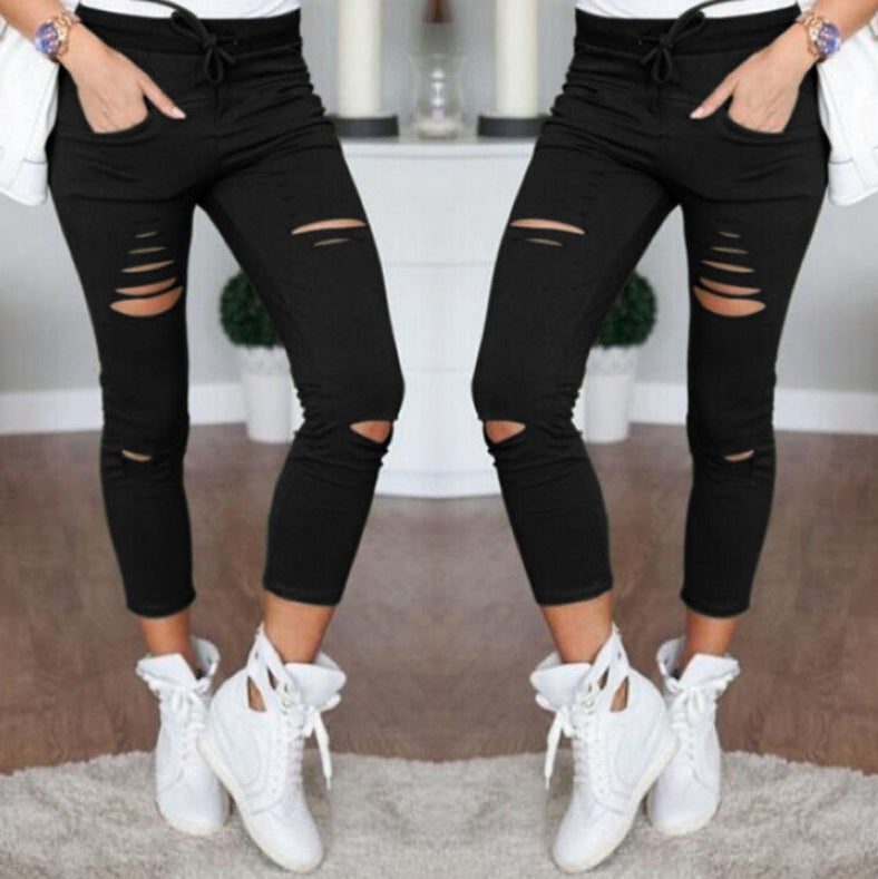 Popular Classic Women's Casual Pencil Ripped Pants