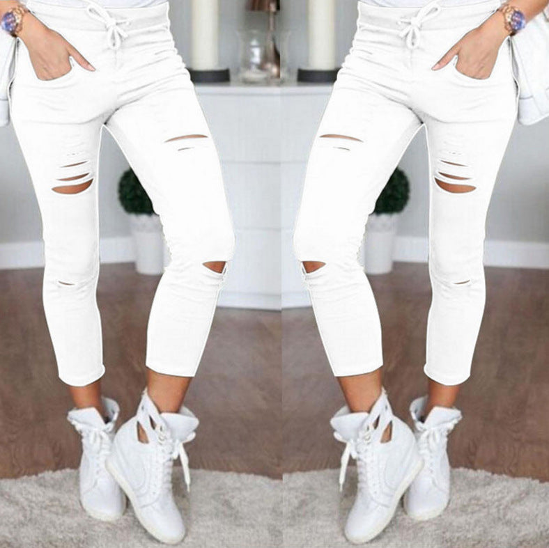 Popular Classic Women's Casual Pencil Ripped Pants