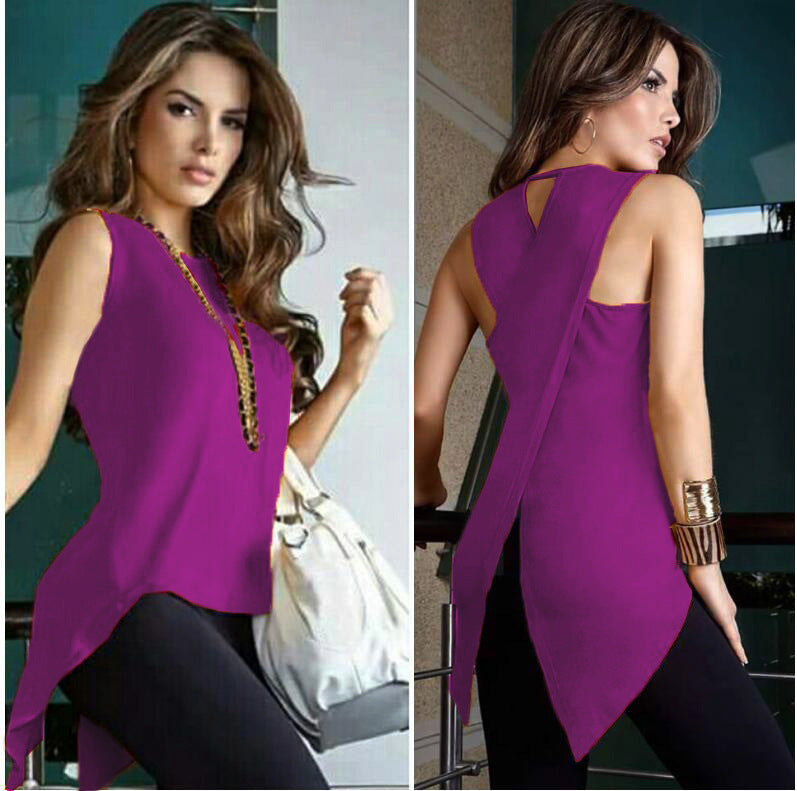 Women's Cross Slim Sexy Sleeveless Solid Color Round Blouses