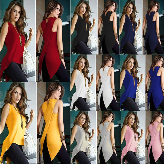 Women's Cross Slim Sexy Sleeveless Solid Color Round Blouses