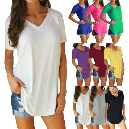 Women's Summer Collar Sleeve Loose T-shirt Hem Large Solid Blouses