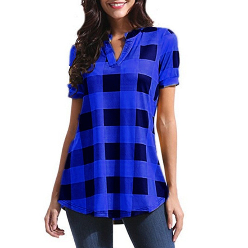 Women's Plaid Printed V-neck Sleeve Loose Shirt Blouses