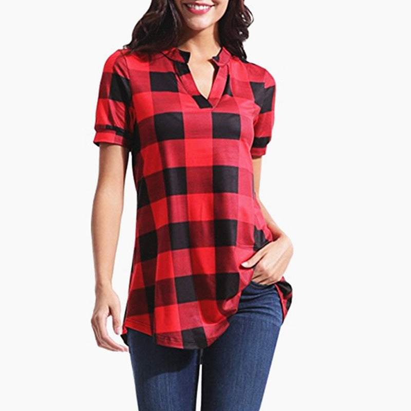 Women's Plaid Printed V-neck Sleeve Loose Shirt Blouses