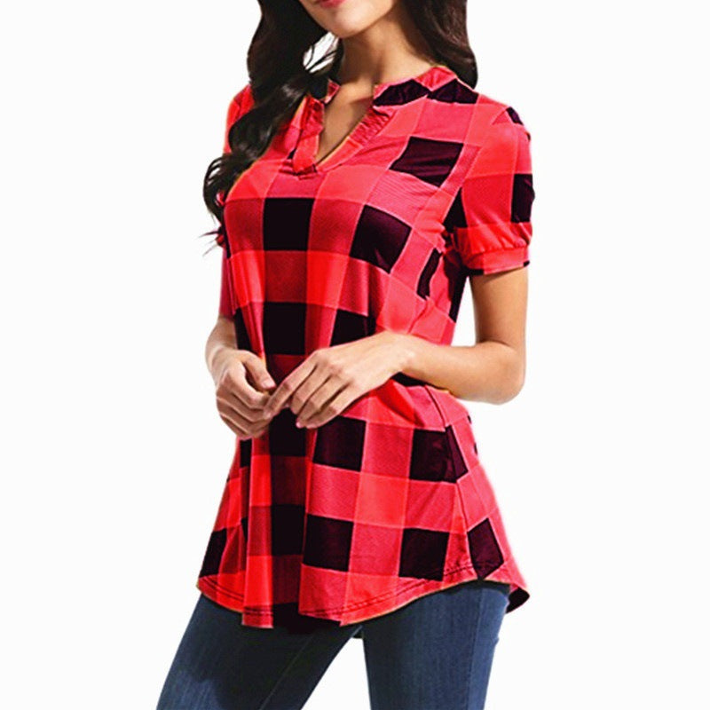 Women's Plaid Printed V-neck Sleeve Loose Shirt Blouses