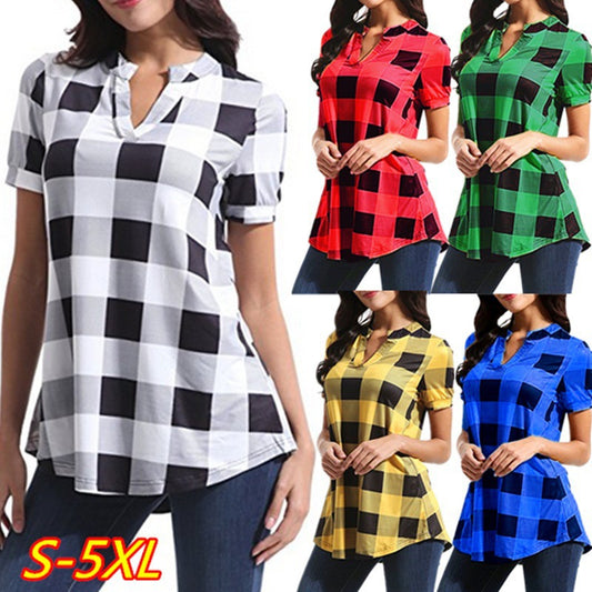 Women's Plaid Printed V-neck Sleeve Loose Shirt Blouses