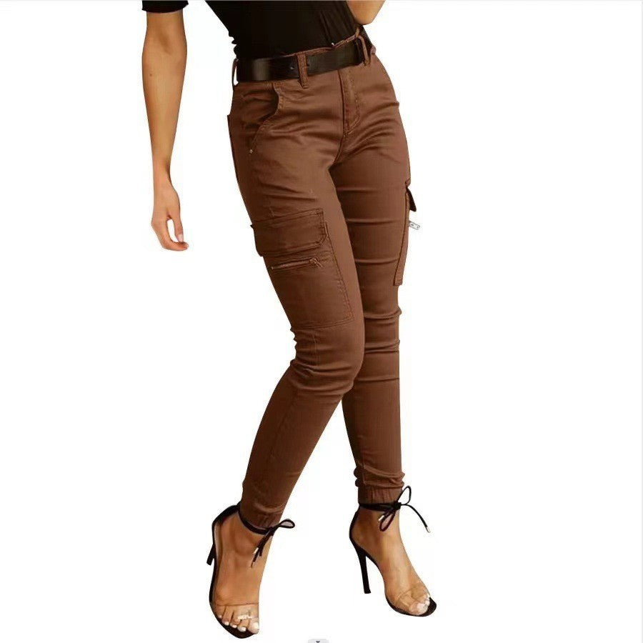 Pantalon à poches de couleur unie pour femmes, taille basse, boutons