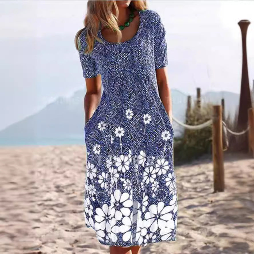 Women's Casual Round Neck Vintage Floral Sleeve Dresses