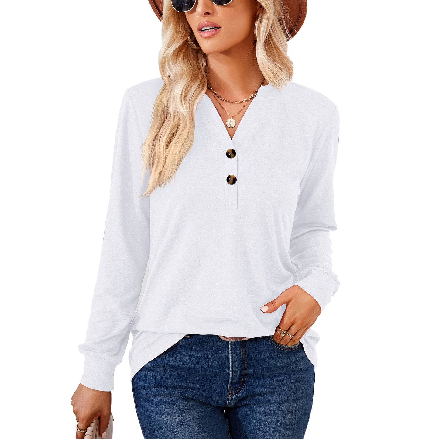 Women's Solid Color And Button Loose Long-sleeved Blouses