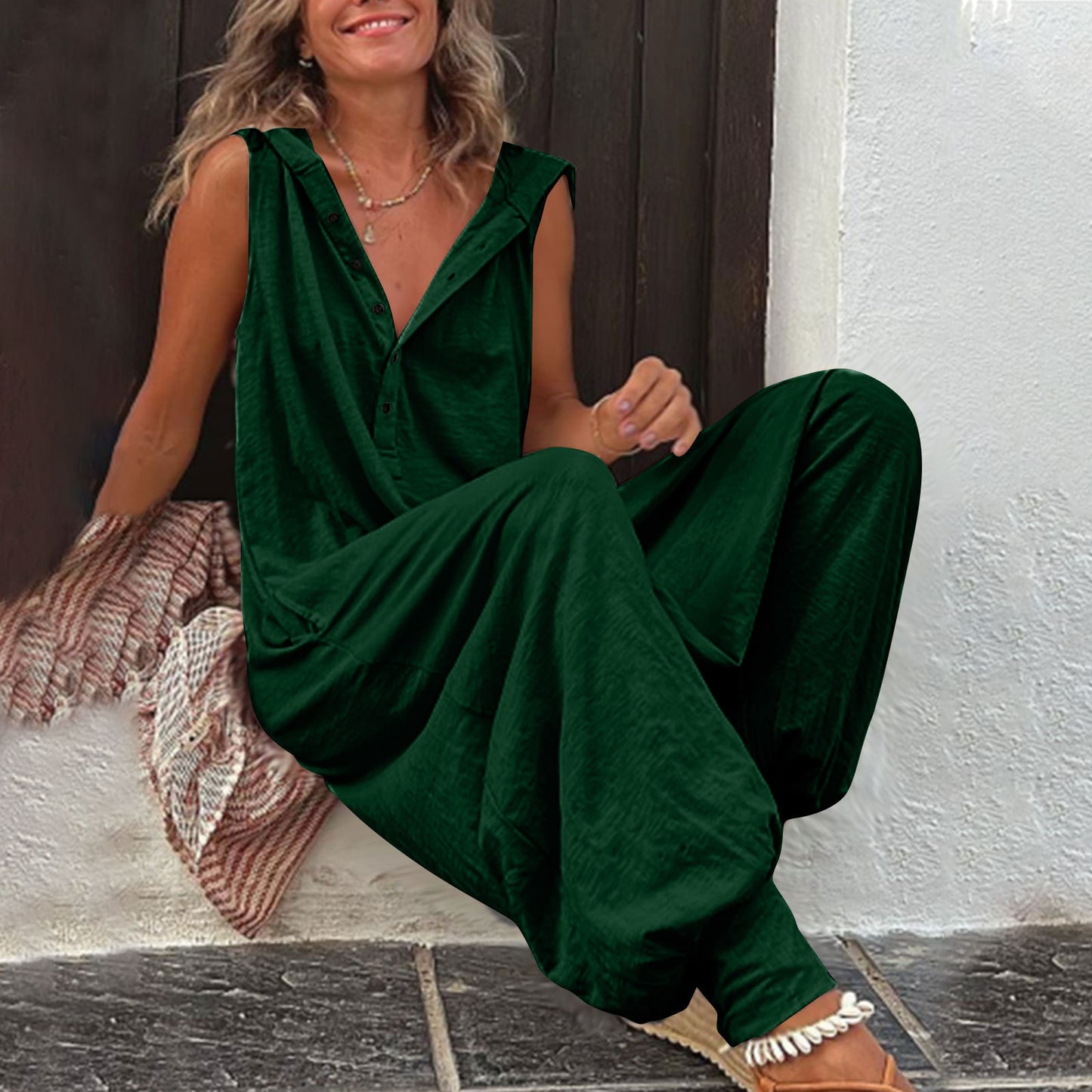 Damen Jumpsuit mit Knopfleiste, Kapuze, ärmellos, Baggy-Overall