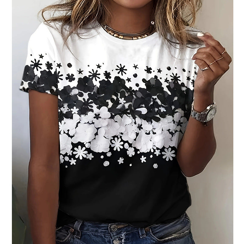 Kurzärmliges T-Shirt mit Blumen- und Pflanzendruck für den Sommer für Damen