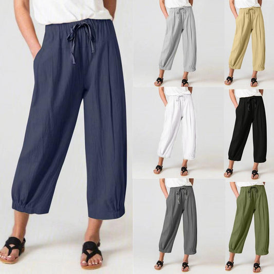 Women's Cotton Linen Drawstring Cropped Pocket Casual Pants