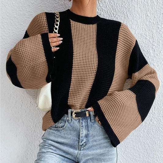 Women's Western Style Knitted Round Neck Striped Design Sweaters