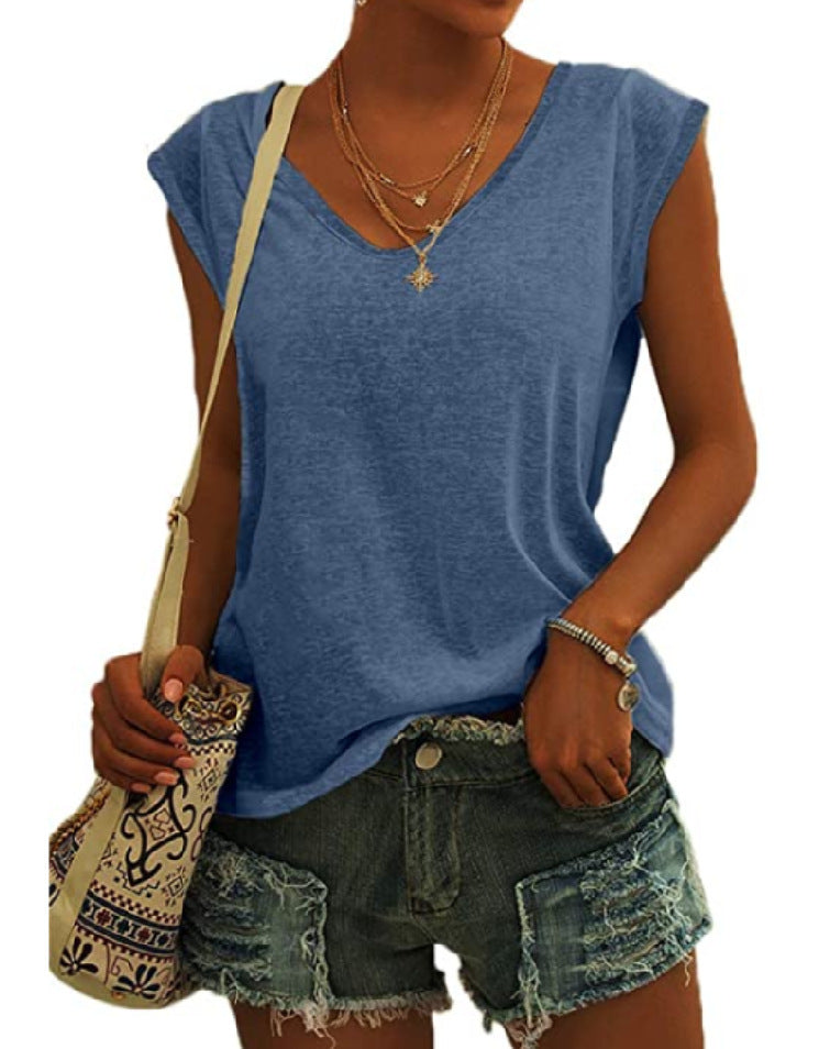 Women's Simple Solid Color V-neck Sleeve Loose Blouses