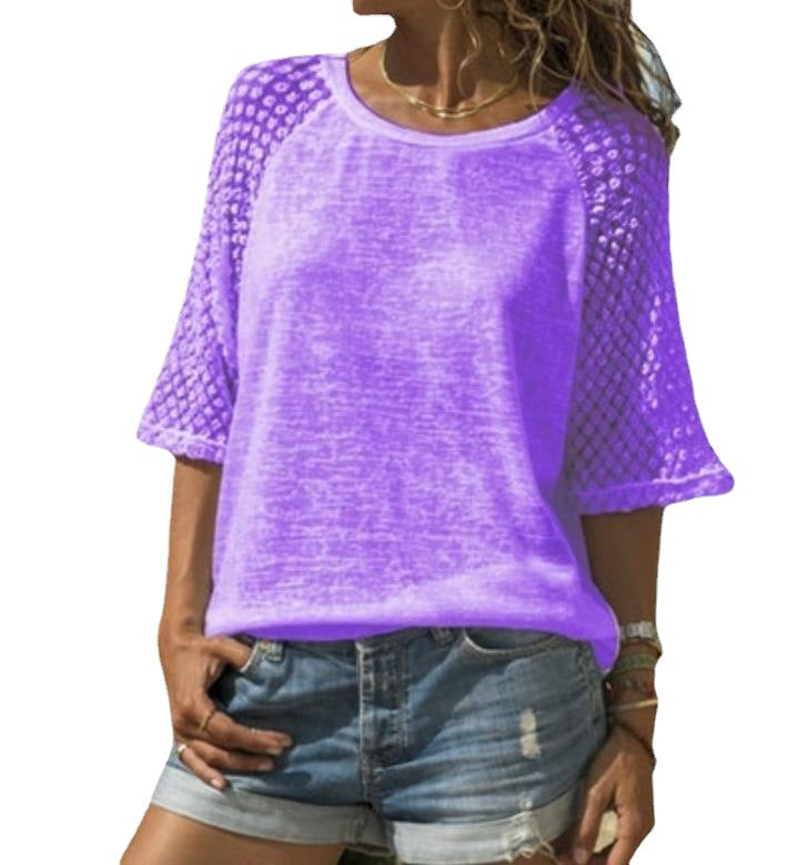 Women's Lace Patchwork Round Neck T-shirt Blouses