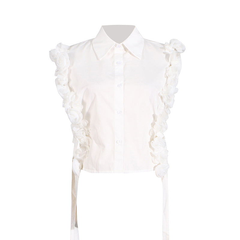 Women's Lapel Three-dimensional Flower Stitching Design Sleeveless Blouses