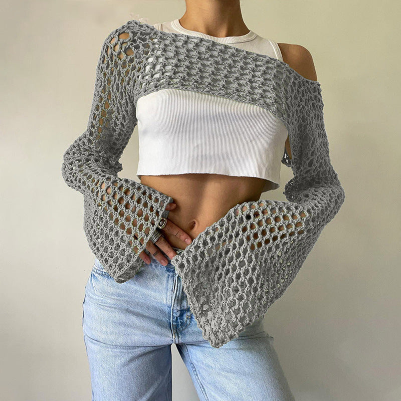 Women's Autumn Hand Crochet Casual Bell Sleeve Sexy Knitwear