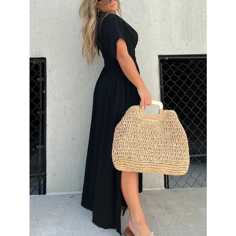 Summer Solid Color Bat Sleeve Elastic Dresses